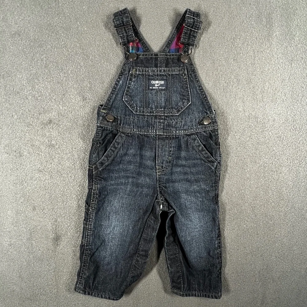 OshKosh B'Gosh Denim Overalls 9M Dark Wash Plaid Lined Baby